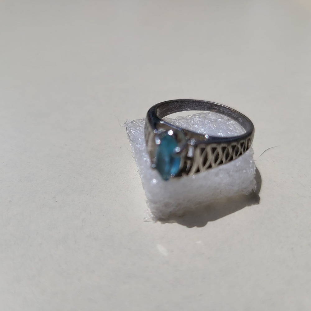 Vintage Marquise Blue Stone Ring Size 7.75 Silver Tone Filigree Detail - Picture 8 of 12